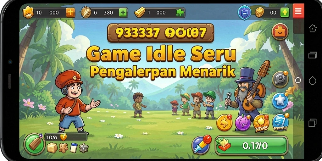 Screenshot menunjukkan karakter mengumpulkan sumber daya dalam gameplay Idle.