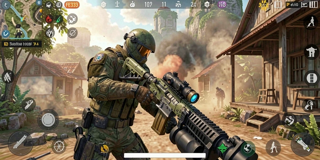 Screenshot gameplay FB333, menampilkan aksi tempur yang mendebarkan.