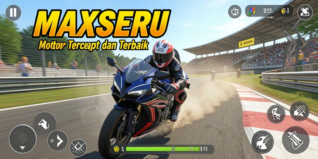 Screenshot gameplay MAXSERU menampilkan balapan motor yang seru dan cepat.