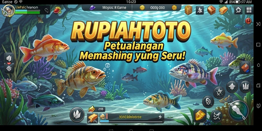 Tampakan gameplay RUPIAHTOTO saat memancing ikan di lokasi indah.
